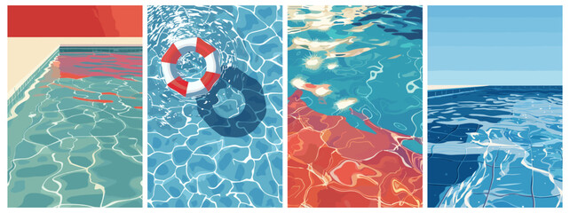 Summer pool surface posters set. Transparent blue water. Float. Topand side view. Background for cover design, card, flyer, poster, surface. Abstract minimal vector