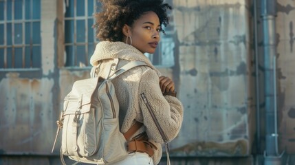 A woman standing with a backpack, possibly on her way to travel or adventure