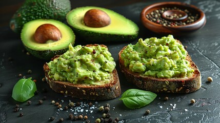 Wall Mural - Close up shot of mashed avocado spread on toasted bread with a sprinkle of salt and pepper