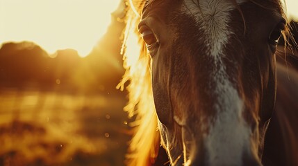 Wall Mural - Close up portrait of a four year old horse in the late evening light in the island