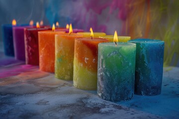Wall Mural - A row of colorful candles placed next to each other, ideal for decorative purposes or as a visual representation of unity and harmony