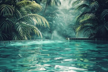 Poster - A serene pool scene in the heart of a jungle, surrounded by tall palm trees