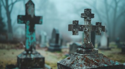 Canvas Print - A cemetery with a cross on top of it in the fog, AI