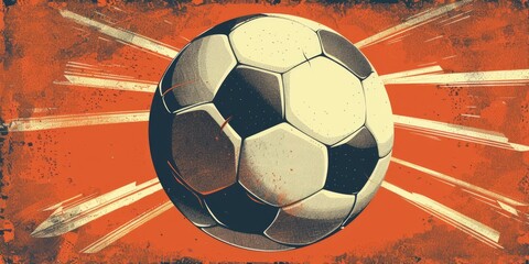 Wall Mural - A soccer ball on an orange background with rays, ideal for sports-themed designs and marketing materials