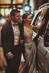 Wall Mural - A couple exiting their vehicle, dressed formally for an event