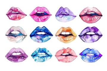 Wall Mural - A collection of nine different colored lips painted in watercolor style