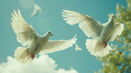 Canvas Print - Two white doves soar through a serene blue sky amidst lush greenery