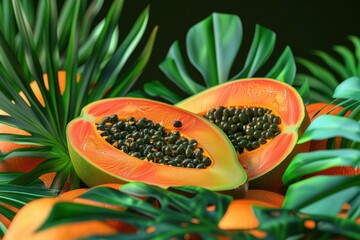 Wall Mural - A close-up shot of a papaya cut in half, with the juicy pulp and seeds visible