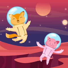 Wall Mural - space animals cartoon astronauts funny pets in costumes flying in cosmos open space