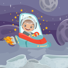 Wall Mural - kids astronaut child sitting in space shuttle and flying outdoors in cosmos cartoon background