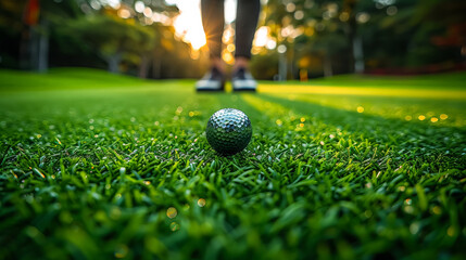 A person is standing on a golf course, preparing to hit a golf ball with a golf club