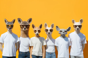 Creative group of stylish anthropomorphic animals wearing sunglasses and white t-shirts posing confidently against a vibrant yellow background