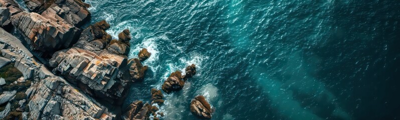 Aerial view Top down seashore. Waves crashing on rock cliff. Beautiful dark sea surface in sunny day summer background Amazing seascape top view seacoast at Intendance Beach