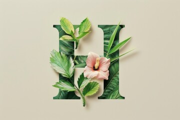 Wall Mural - A close-up view of a letter 'h' constructed from leaves and flowers