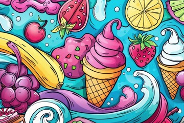 Canvas Print - A colorful arrangement of fresh fruit and ice cream on a bright blue background, perfect for food or lifestyle photography