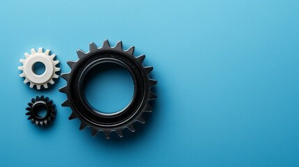 Wall Mural - On a blue backdrop with copy space in the center, there is a ball bearing and a black and white plastic gear. overhead view of a level surface.