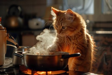 Sticker - A curious cat sits next to a pot on top of a stove, ready for a snack or a nap