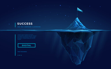 Abstract digital iceberg with a flag on the peak. Night technology background. Mountain with an underwater part. Abstract tech bg. Iceberg in sea or ocean. Vector low poly wireframe 3D illustration.