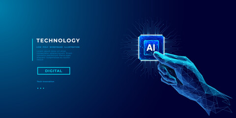 Fototapete - Abstract digital AI chip in a human hand. Humanoid holding AI processor in a hand. Artificial Intelligence concept. Technology innovation background. Tech bg. Low poly wireframe vector 3D illustration