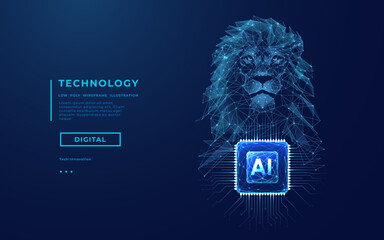 Aufkleber - AI chip and polygonal head of lion. Artificial Intelligence concept. AI artist or painter. CPU microchip or semiconductor bg. Low poly wireframe vector illustration. Abstract technology background.
