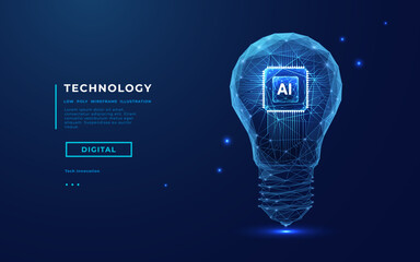 Leinwandbilder - Abstract digital AI chip and lightbulb on technology blue background. Artificial intelligence innovation concept. Tech bg. CPU processor or microchip. 3D Low poly vector illustration. 