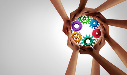 Fototapete - Working Business Unity and work diversity partnership as hands and gears or cog wheels connected in a group of diverse people united together as a support symbol of team or teamwork and togetherness.