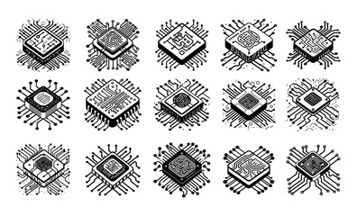 Wall Mural - ai processor black isometric vector icons. chip microprocessor semiconductors artificial intelligenc