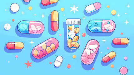 Wall Mural - Child friendly doodle style flat 2d illustration of cute pills and liquid medicines for kids