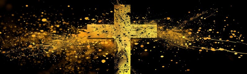 Wall Mural - Christian cross with golden paint splatter graphic background