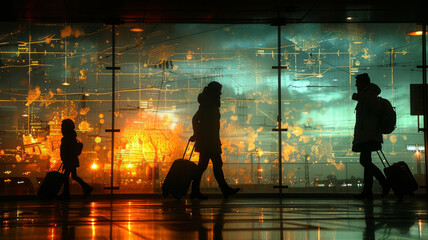 Wall Mural - a photo of a family walking at the airport, luggage, boarding.generative ai