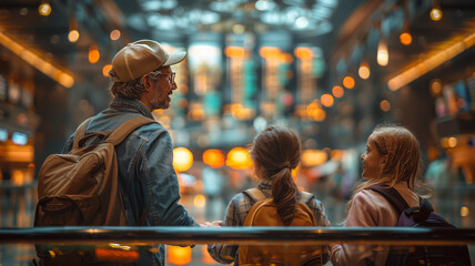 Wall Mural - a photo of a family walking at the airport, luggage, boarding.generative ai