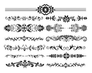 Wall Mural - classic line separators black vector set. flowers stems lines buds monograms lace curls books vintag