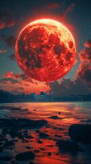 Wall Mural - a red planet with a large red sun in the background. the planet is surrounded by a rocky terrain