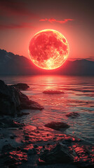 Wall Mural - a red planet with a large red sun in the background. the planet is surrounded by a rocky terrain