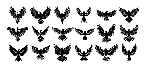 Poster - eagle logos black vector set. spread wings bird flying feathers beak soaring predator icons isolated