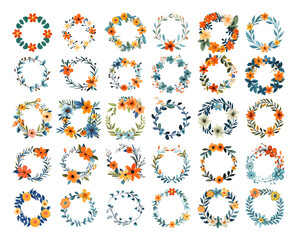 Wall Mural - floral wreaths cartoon vector set. circles stems leaves buds branches shoots petals gift holiday pla