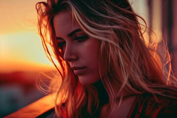 Wall Mural - A beautiful portrait of a woman with flowing hair, set against the warm hues of a sunset. The golden light enhances her serene expression