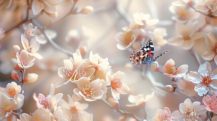 Wall Mural - A macro shot of a cluster of blossoms with a butterfly at its center, surrounded by a fuzzy backdrop