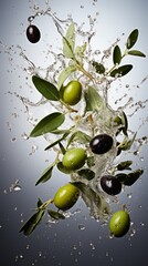 Wall Mural - olives flying on white background. levitation of olives in the air, frozen vertical frame.