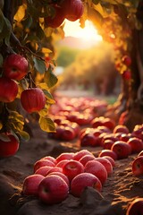 Wall Mural - A landscape with a stunningly beautiful orchard with an abundance of red apples on the branches in the golden hour, fruit picking. apple saved.