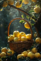 Wall Mural - orchard with yellow apples, a basket with large apples stands under a tree, sunlight passes through 