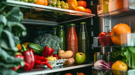 Open fridge packed with fresh fruits and vegetables, representing healthy eating and organic nutrition