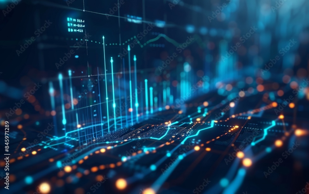 Futuristic stock chart with dynamic blue lines and glowing bars on a ...
