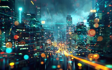 Futuristic glowing digital cityscape with vibrant neon lights, technology, and hologram elements. Technology hologram visuals.