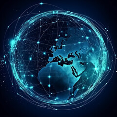 Wall Mural - A blue globe with a network of lines surrounding it. The globe is lit up and he is a representation of the world's internet