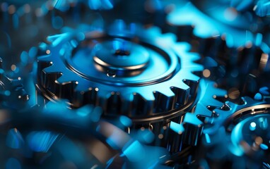 Wall Mural - Close-up view of interlocking metal gears, bathed in blue light, showcasing technology. Industrial gears background, technology.