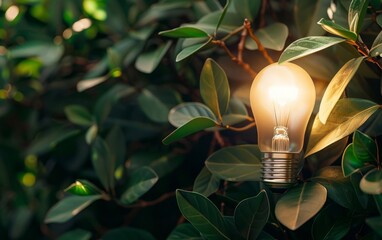 Light bulb among leaves, symbolizing nature's eco-friendly energy. Harnessing nature's power and clean energy.