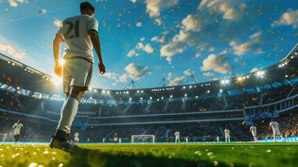 Wall Mural - Soccer player on stadium field during game against sun, male in white on blurred background. Concept of play, kick, sport, football, world