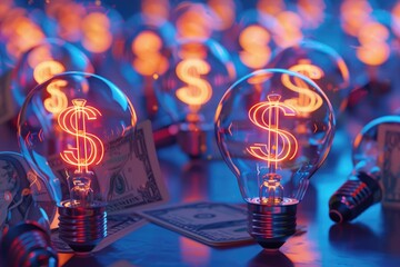 Wall Mural - money money money making idea. dollar symbol glow among other light bulb on a blue background