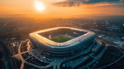 Wall Mural - Soccer stadium and city buildings, aerial view of modern arena, sky and sun. Concept of football, world cup, sport, championship, architecture.